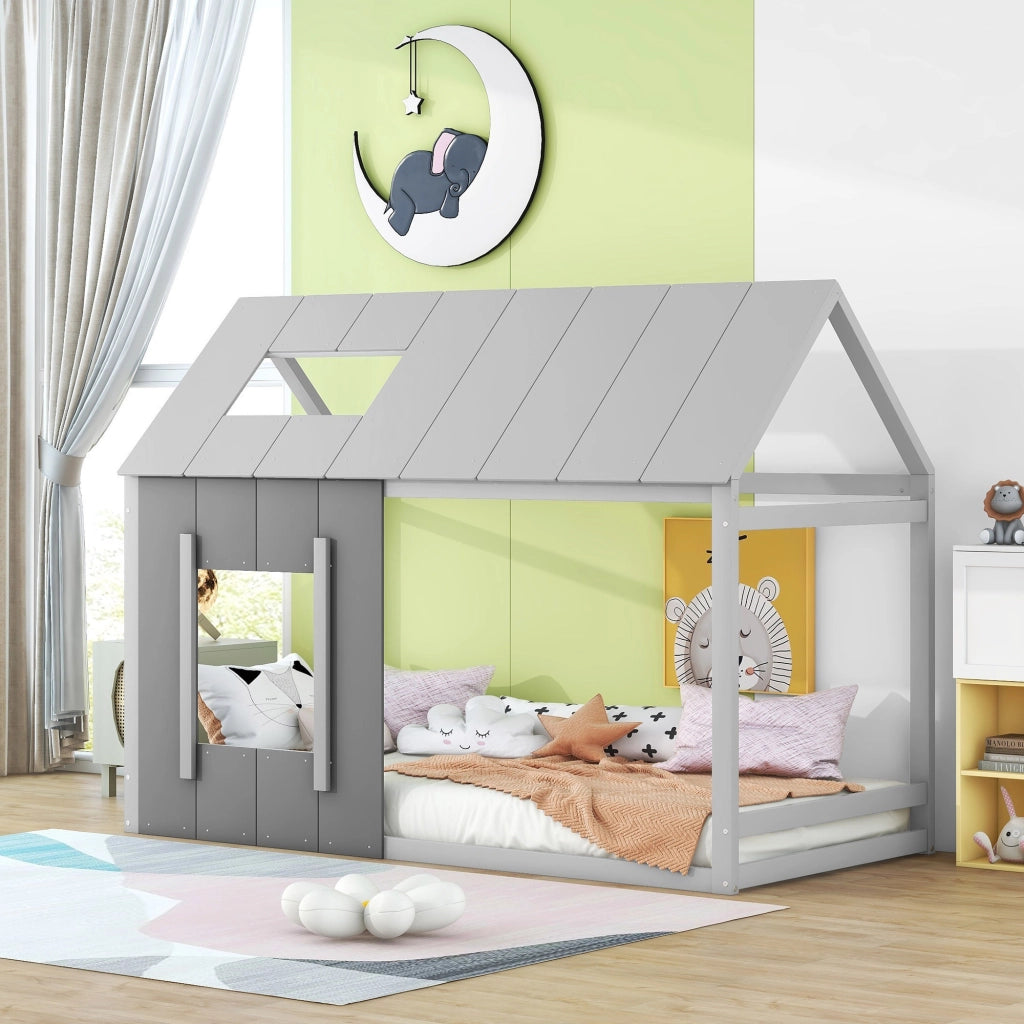 Letto per bambini a forma di casa 90 × 200 cm in pino e MDF grigio con tetto e finestra