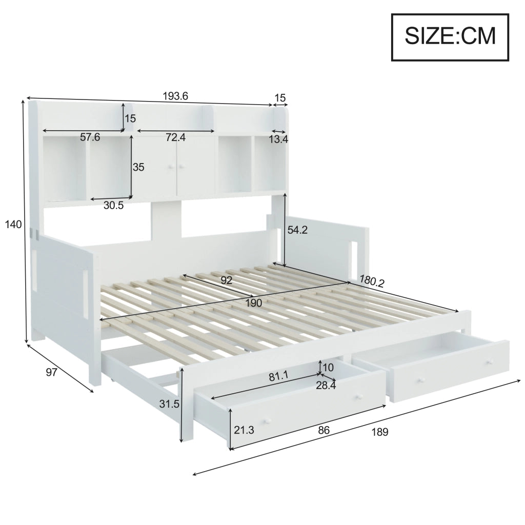Divano letto 90 × 190 cm estensibile a 180 × 190 cm con cassetti prese integrate LED in legno bianco