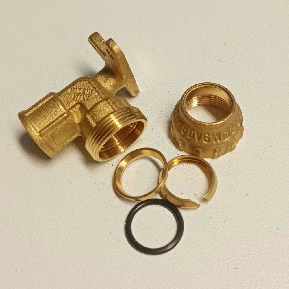 Raccordo f 25x3/4 gomito flangiato di giunzione in ottone con tenuta o-ring ed ogiva in ottone