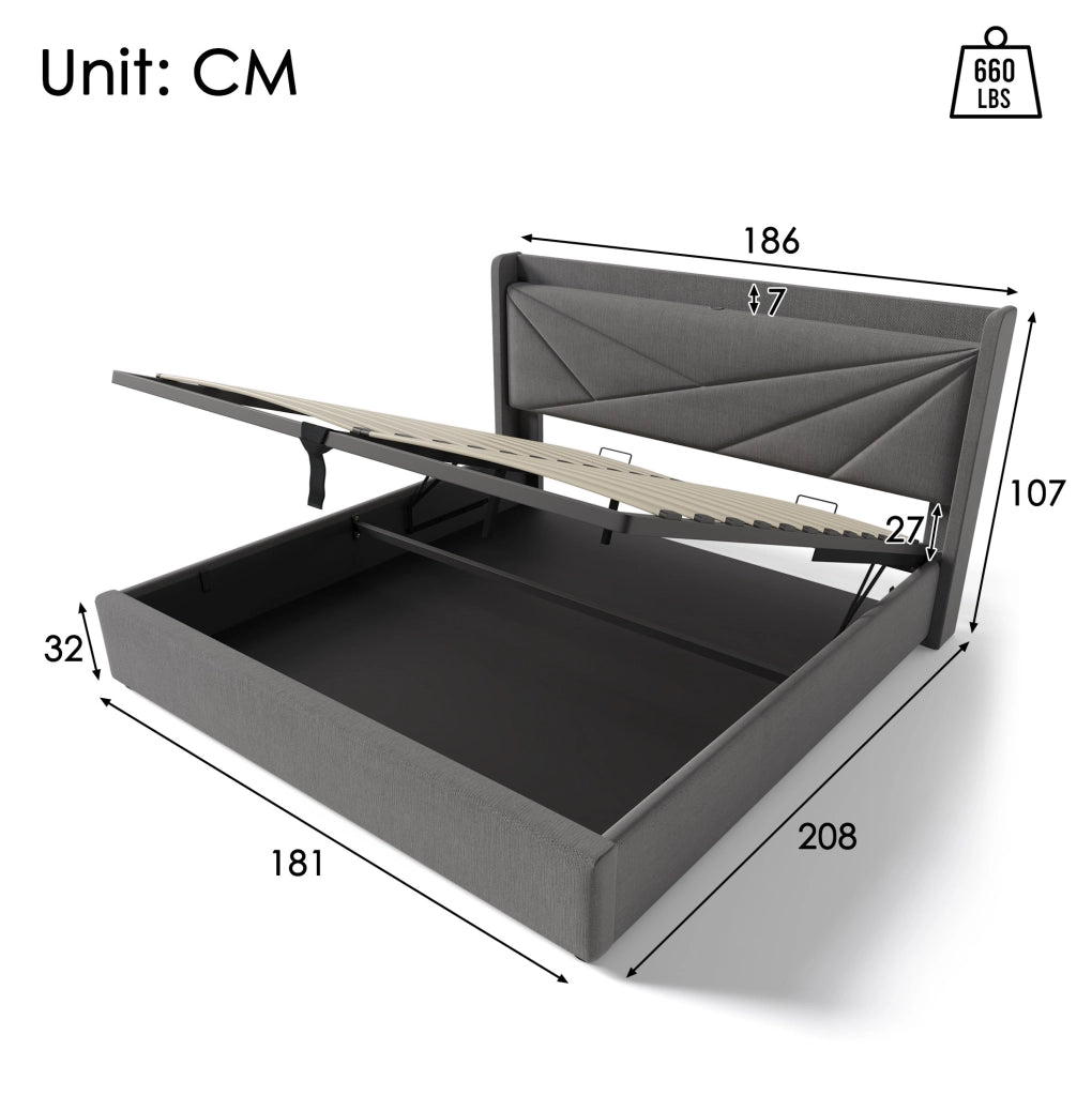Letto 180x200 cm con contenitore, USB e USB-C in cotone e lino grigio