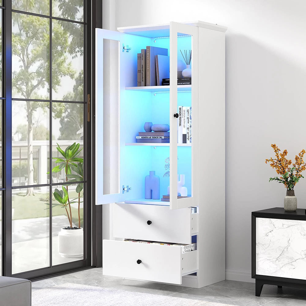 Vetrina moderna LED - Xylo - 165 cm - Bianco opaco - USB, telecomando 16 colori, vetro, 2 cassetti, ripiani regolabili, ante battenti