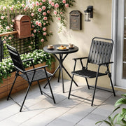 Set Mobili da Giardino 3 Pezzi in Metallo Nero con Tavolo in Vetro Temperato e 2 Sedie Pieghevoli