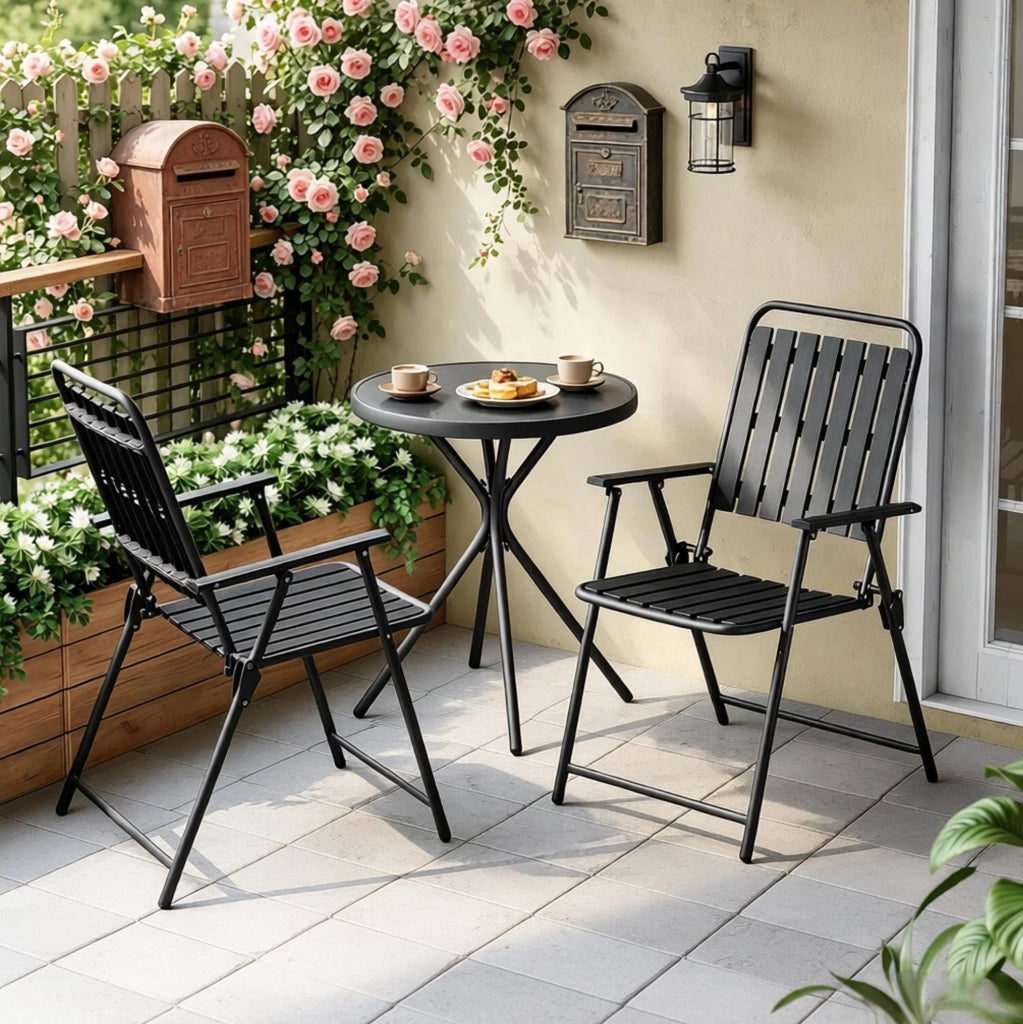 Set Mobili da Giardino 3 Pezzi in Metallo Nero con Tavolo in Vetro Temperato e 2 Sedie Pieghevoli