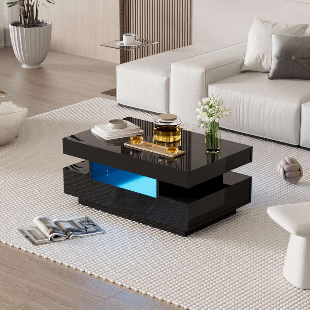 Tavolino basso fisso con LED regolabile 3 vani aperti e 4 cassetti nero lucido 80 × 50 × 36 cm