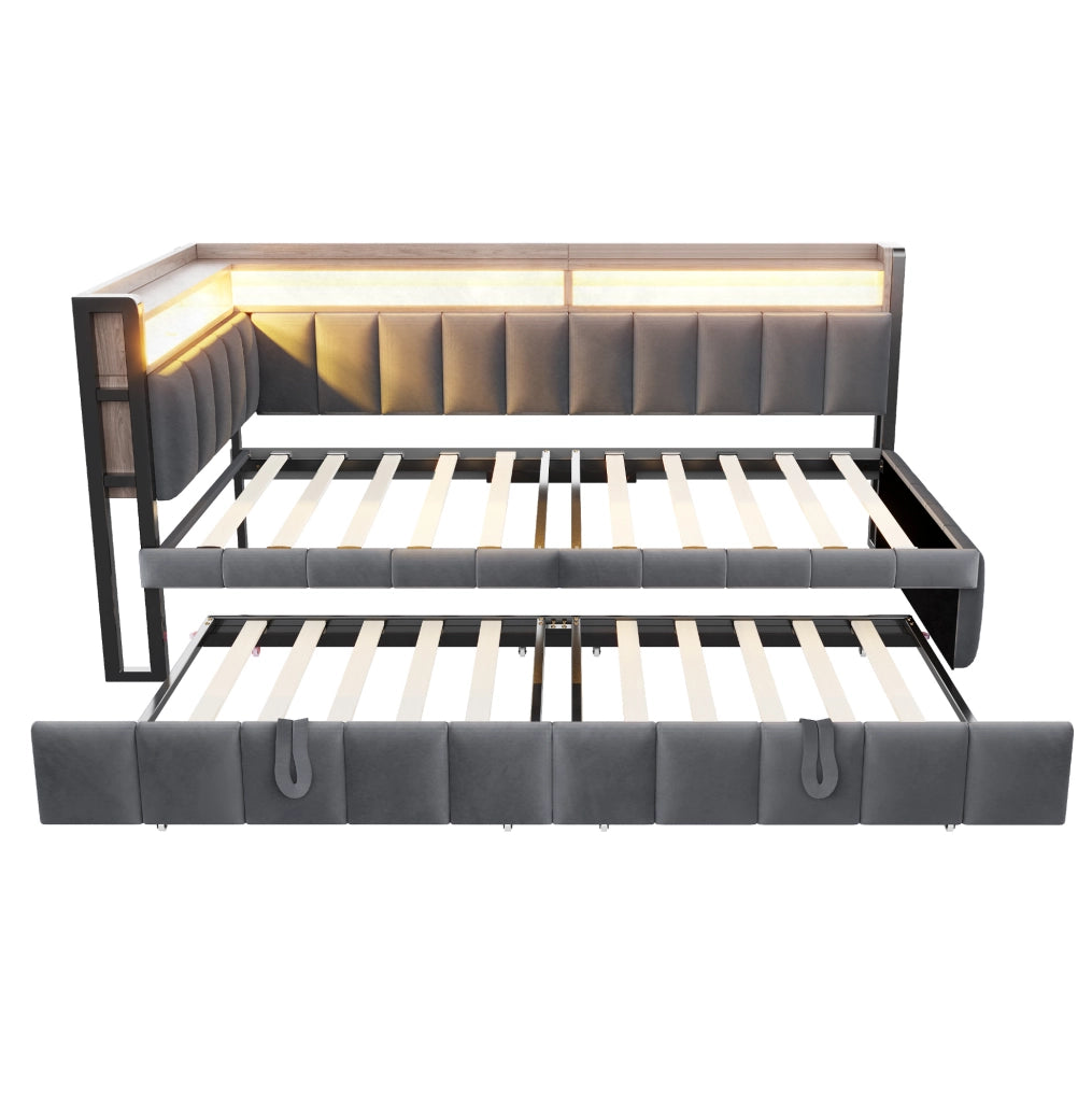 Divano letto estraibile 90x200 cm con LED, USB e USB-C in velluto grigio scuro