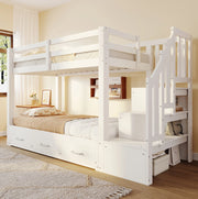 Letto a castello in legno massiccio 90x200 cm con letto estraibile 90/180x190 cm, scala con cassetti, bianco