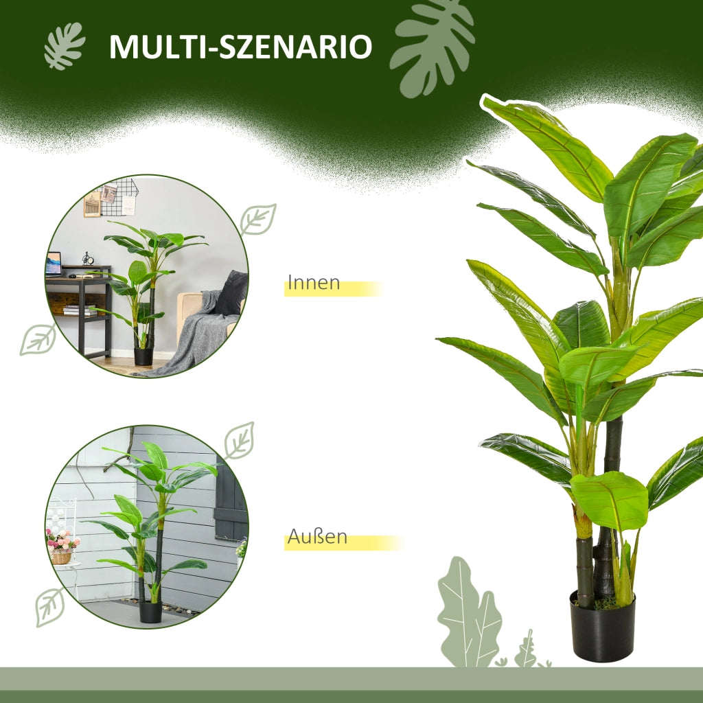Pianta artificiale di banano 150 cm con 18 foglie vaso nero con erba e base in cemento per interni ed esterni