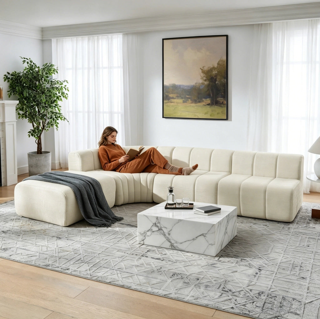 Divano angolare modulare 4 posti in chenille beige con moduli multifunzionali