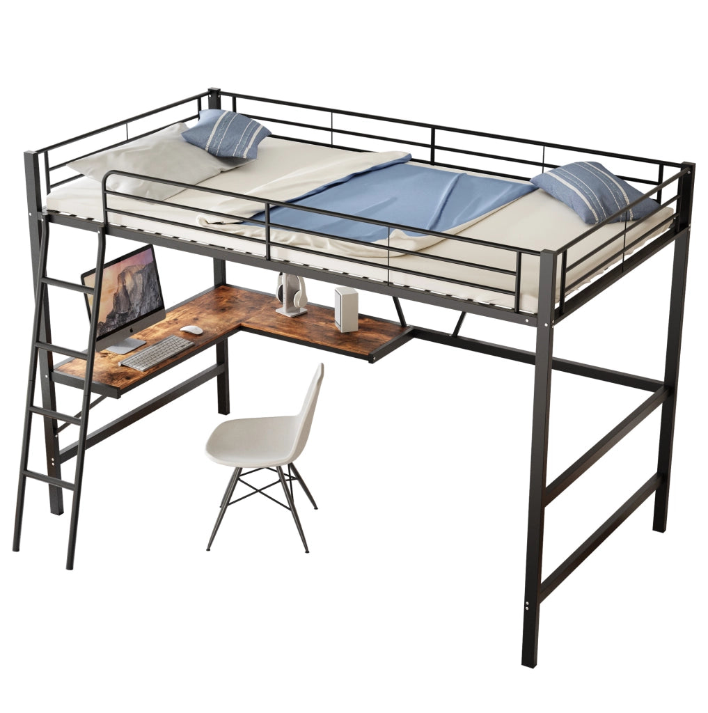 LETTO a soppalco 90x200 cm in metallo nero con scrivania a L e ripiano
