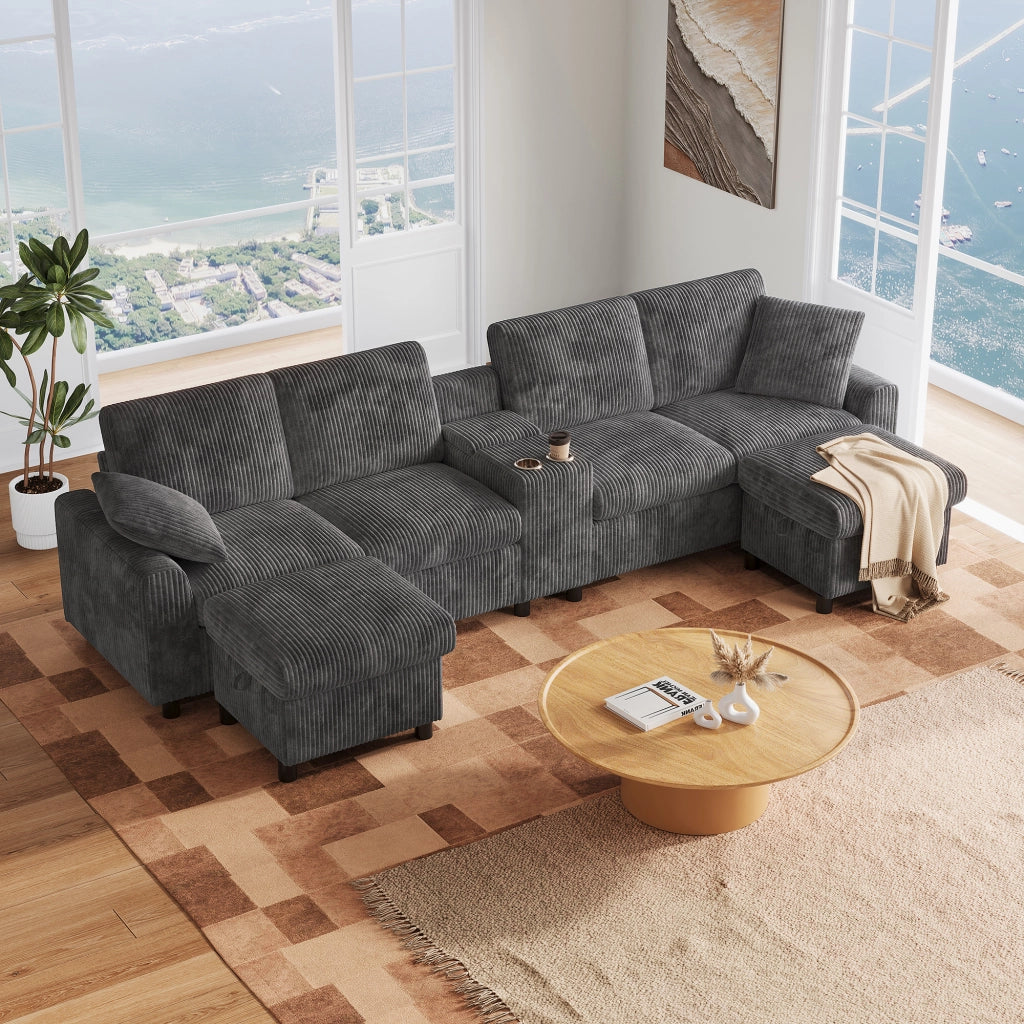 Divano a U in velluto a coste grigio 315 cm 4 posti con due pouf