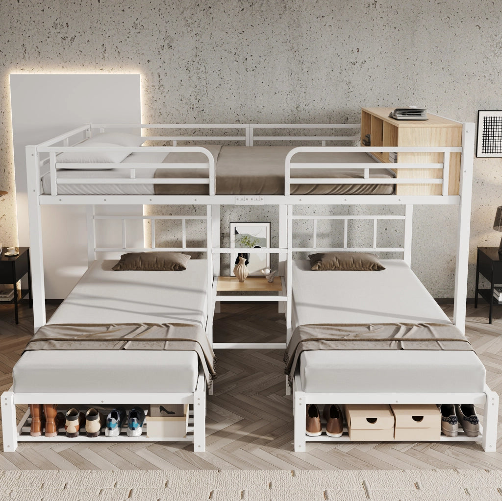 Letto a castello in metallo bianco 140x200/90x200 cm con 3 posti letto, scaffale aperto e portascarpe