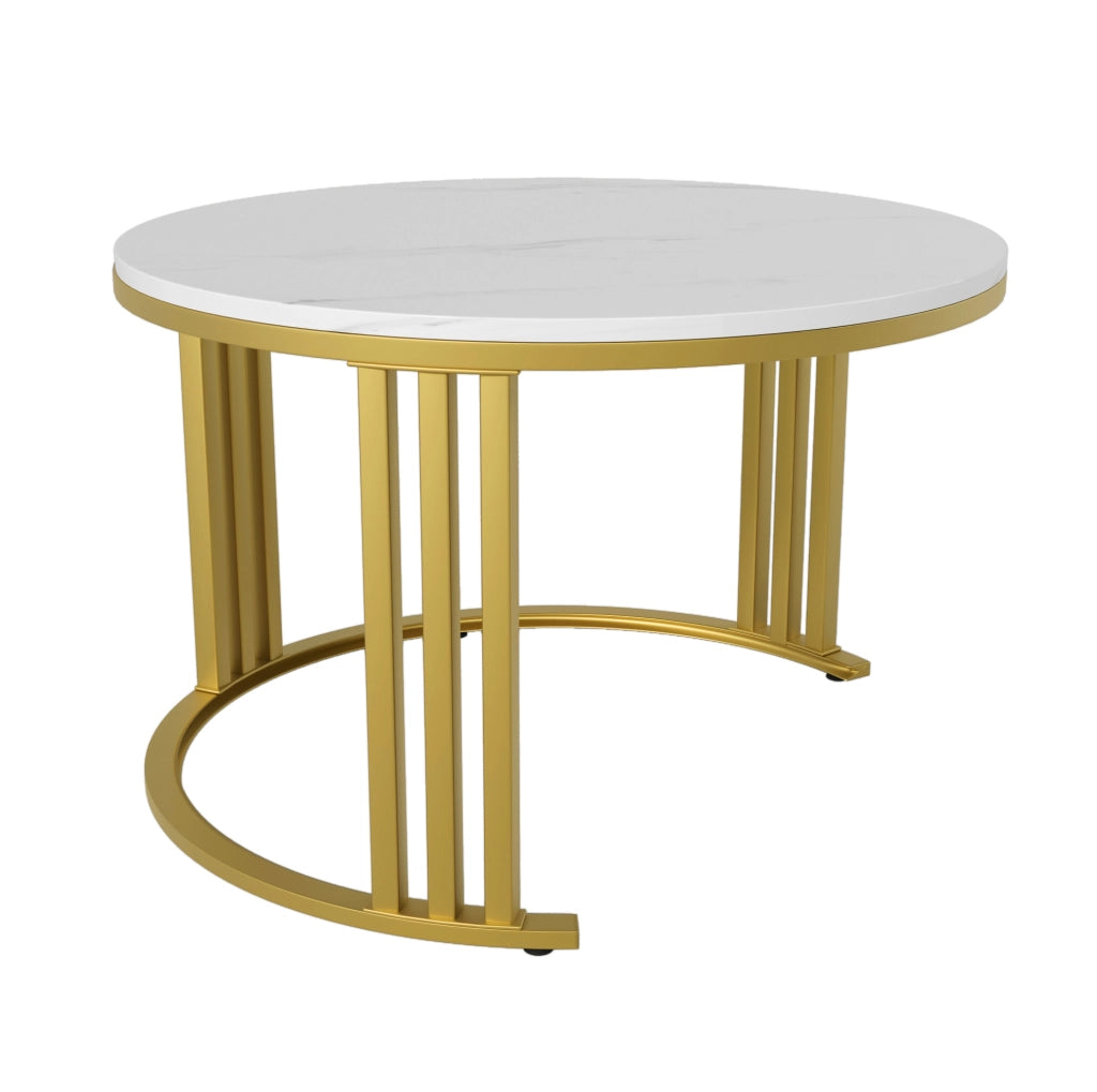 Set di 2 Tavolini Rotondi in MDF con Piano Lucido e Marmo Bianco, 70x70x46 + 50x50x40 cm