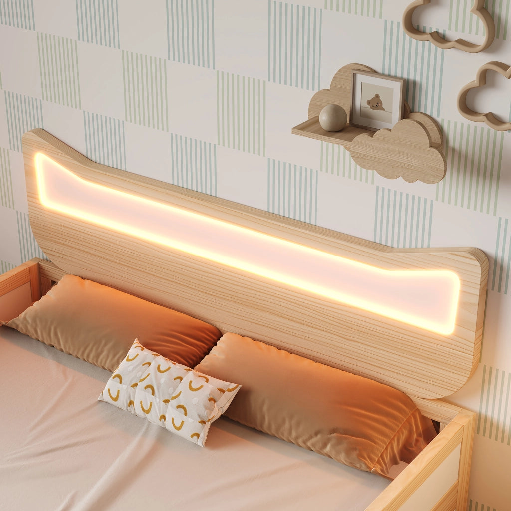 Letto per bambini 90x190 cm con testiera a orecchie di gatto, illuminazione LED RGB, doghe e cassetto flessibile montabile a sinistra o destra, bianco e rovere, senza materasso