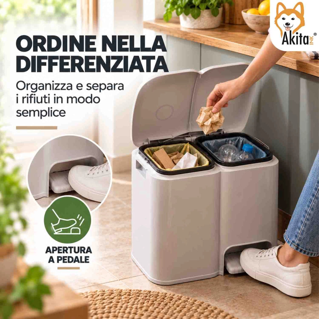Akitaink Pattumiera Patty 2 a 2 Scomparti 21 L Grigio