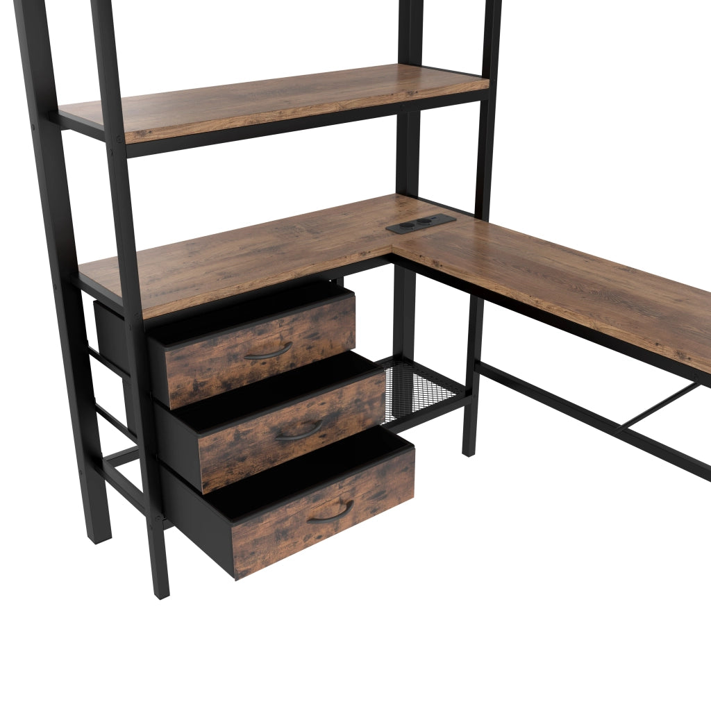 Letto a soppalco 90 × 200 cm con scrivania; LED con telecomando; presa USB; 3 cassetti; ripiani; nero