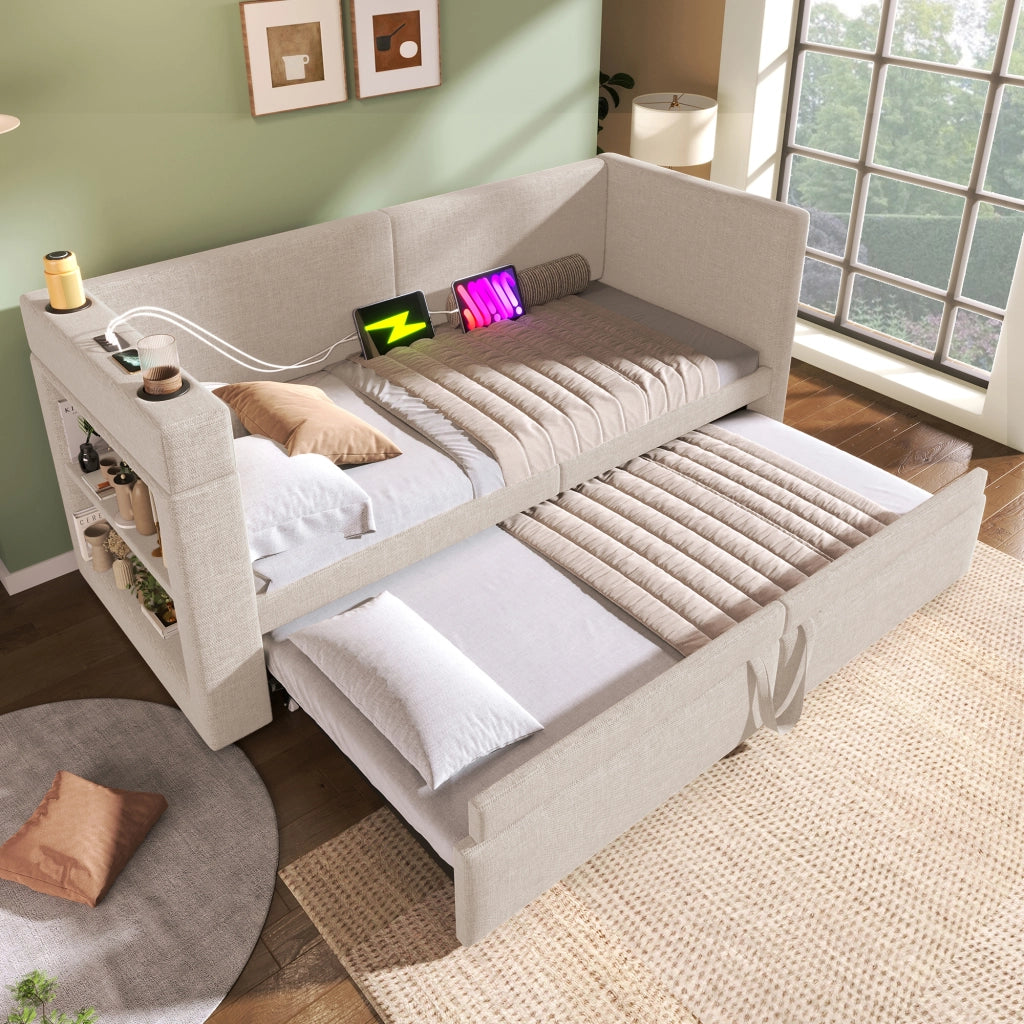 Letto divano con letto estraibile 90x200 cm beige in tessuto misto cotone e lino con seconda rete estraibile; USB e USB-C; portabicchieri