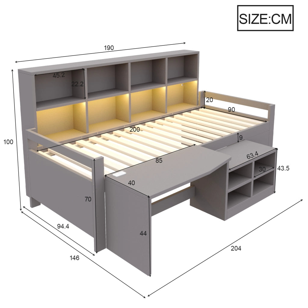 Letto a soppalco 90 × 200 cm con scrivania contenitori LED USB presa elettrica e scala in legno grigio