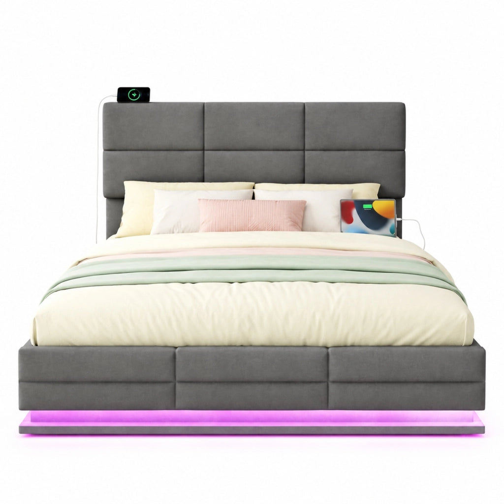 Letto imbottito 160x200 cm con contenitore, LED dimmerabile e USB in velluto grigio scuro