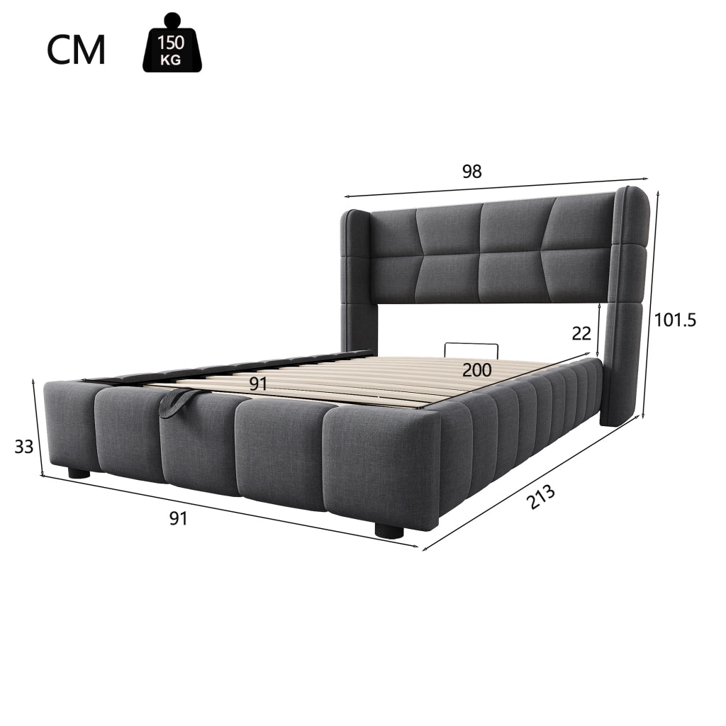 Letto contenitore singolo 90 × 200 cm con sollevamento pneumatico, senza materasso, per bambini e ragazzi, grigio