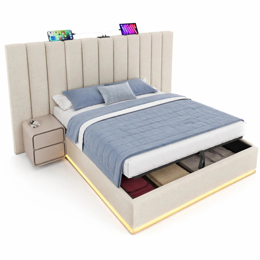 Letto contenitore 160x200 cm in lino beige, LED e USB-C, senza materasso/comodino