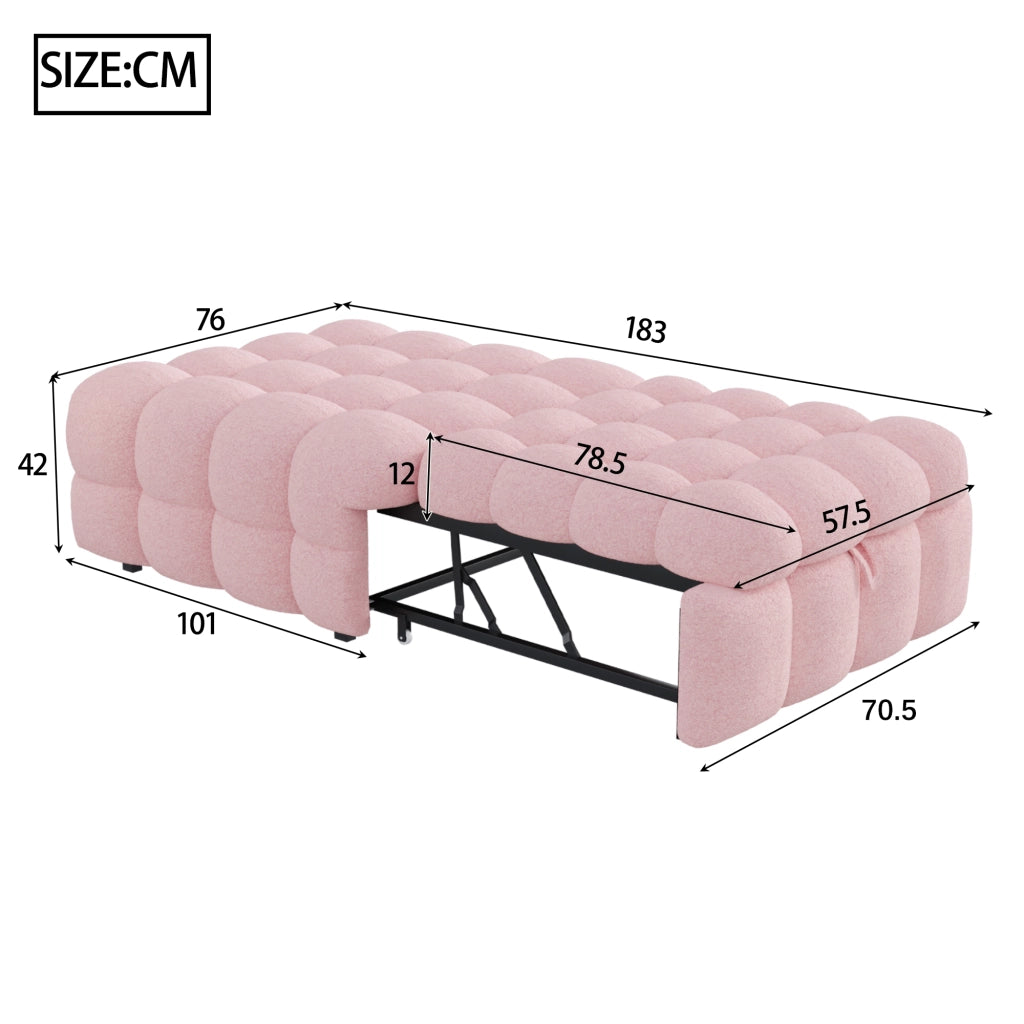 Letto imbottito con poggiapiedi 2 in 1, divano letto estraibile, letto singolo Puffy, bouclé - Rosa