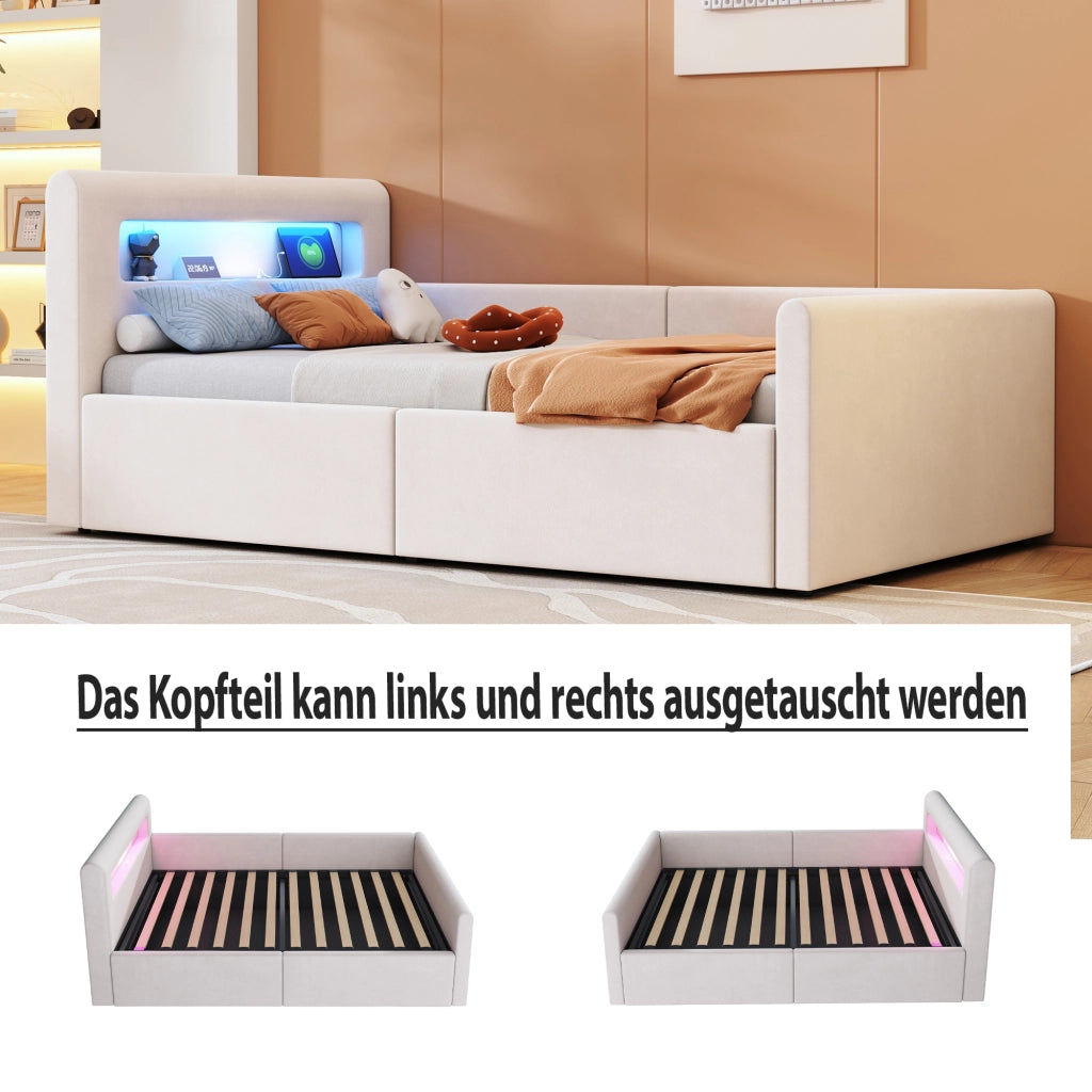 Letto singolo con contenitore 90 × 200 cm imbottito in velluto beige con LED; luce notturna; USB e rete a doghe