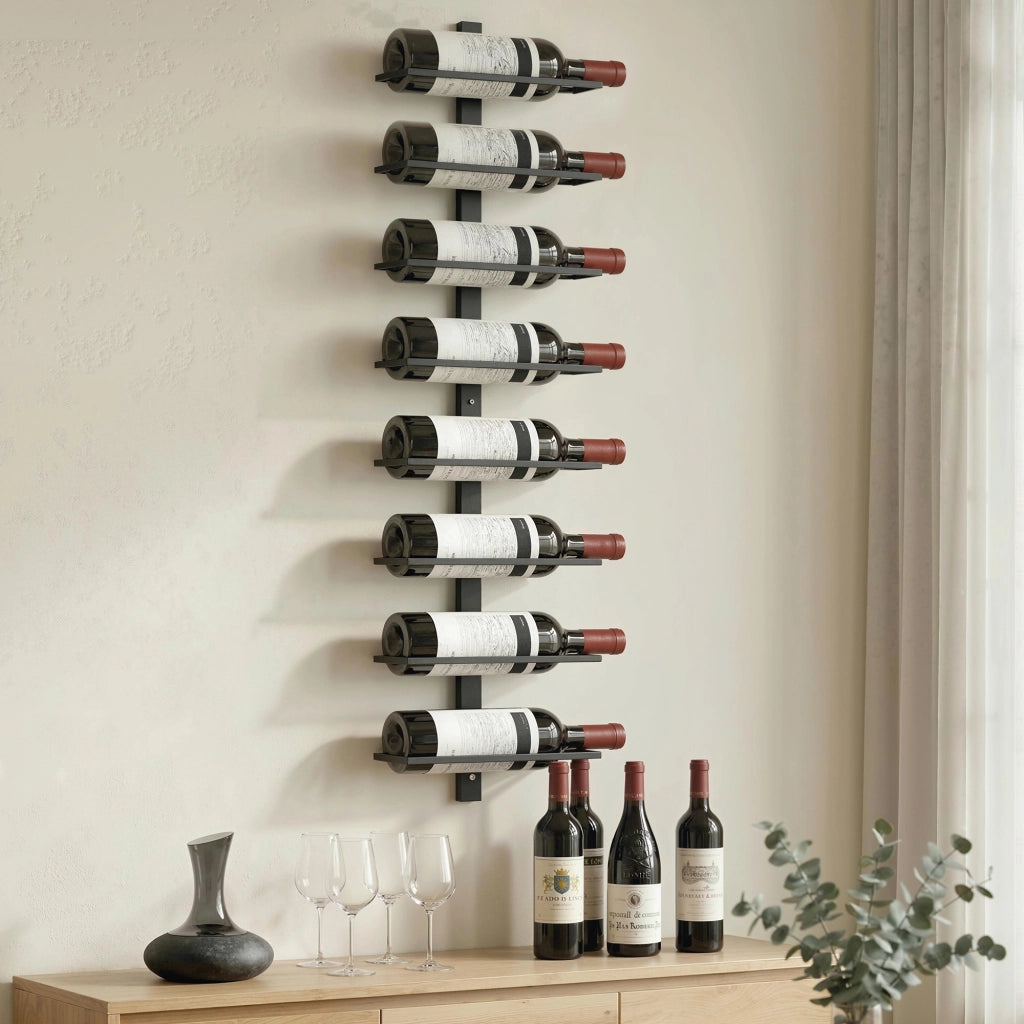 Weinregal, Wandregal für 8 Flaschen Wein, 8 Ebenen, Stahlrohr, für Küche, Wohnzimmer, Hausbar, Schwarz