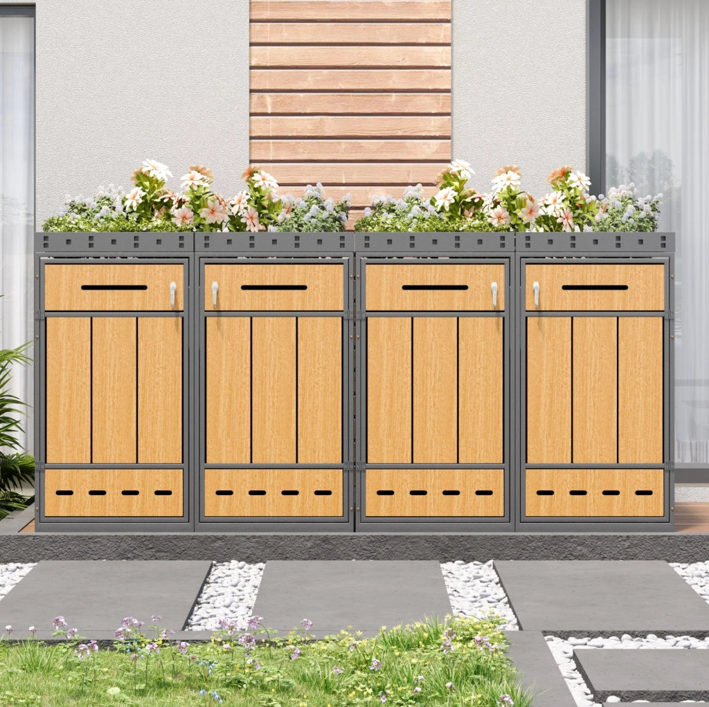 Contenitore per bidoni rifiuti 4 scomparti con copertura per piante, acciaio laminato a freddo, finitura effetto legno, capacità 120-240 L