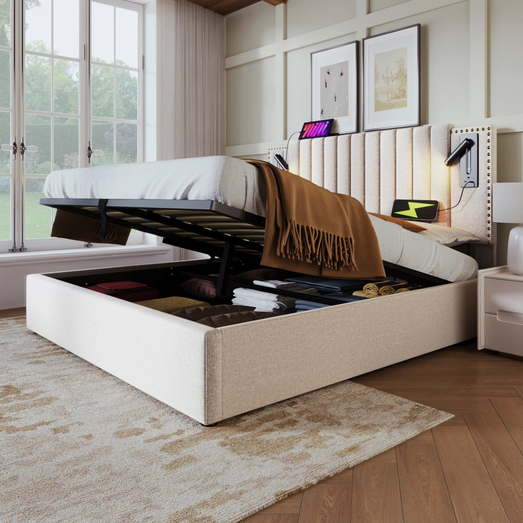 Letto contenitore matrimoniale 160×200 cm con testiera regolabile, luce lettura e USB Type-C, materasso incluso, beige