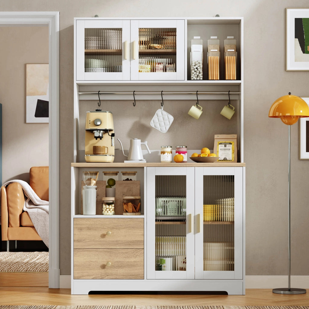 Colonna da cucina LED con 4 ante in vetro, ripiani regolabili e prese, MDF bianco e naturale, 110 × 40 × 178 cm