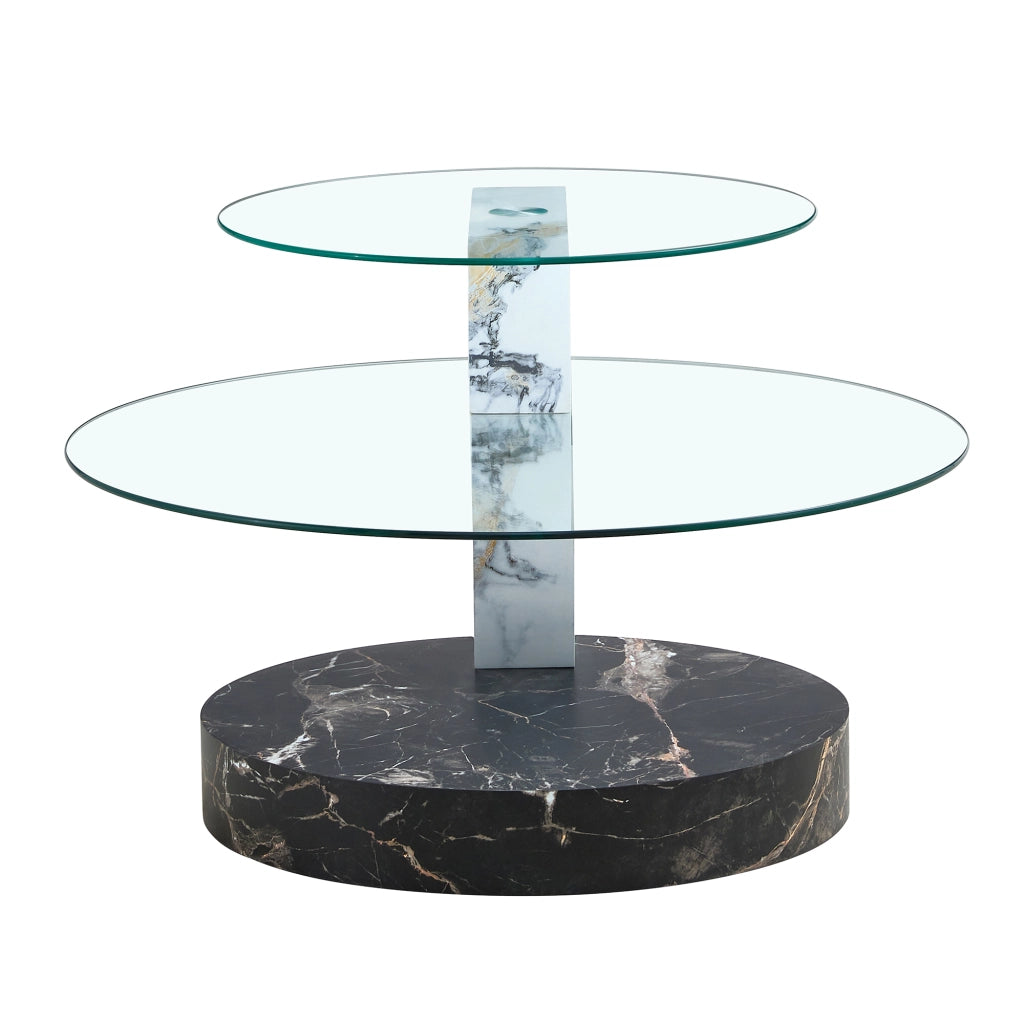 Tavolino basso fisso a due livelli in MDF e vetro trasparente bianco e nero 78.51 × 78.99 × 24.51 cm
