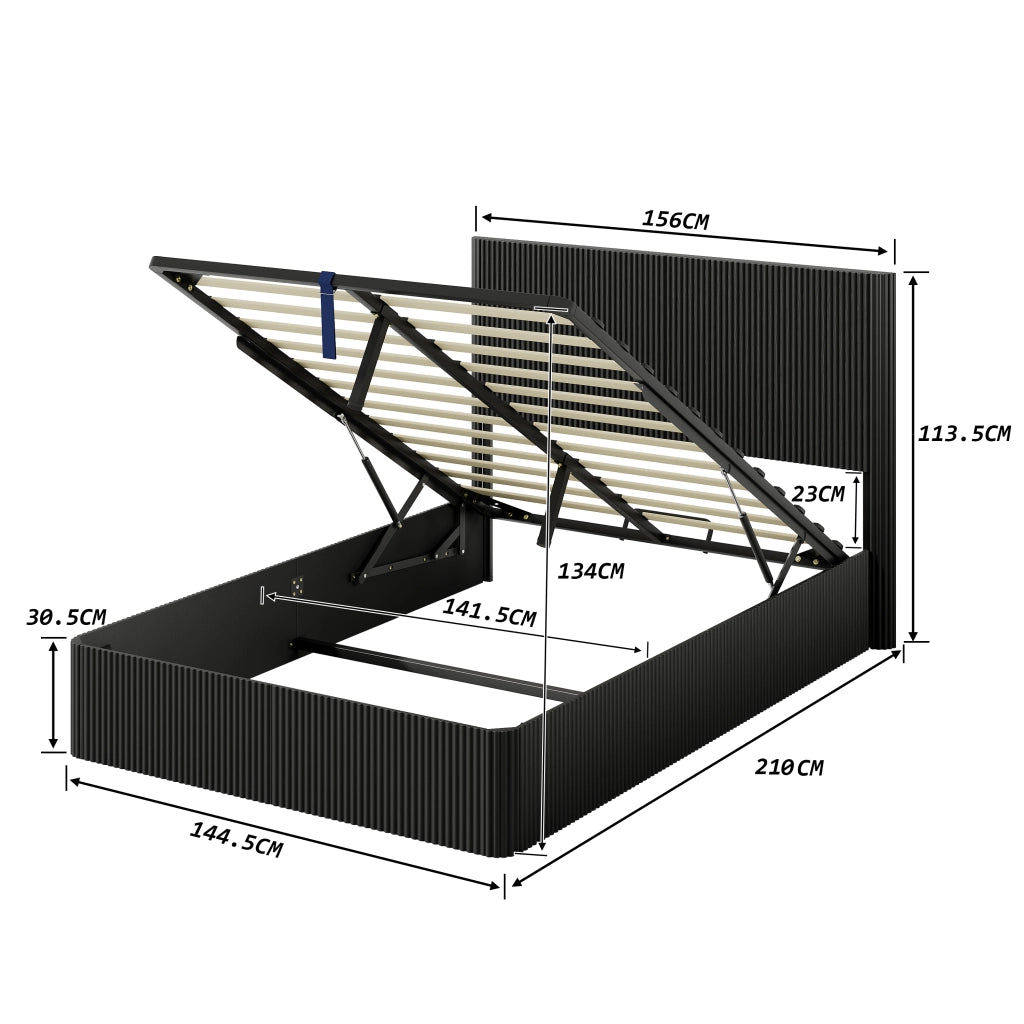 Letto con contenitore 140 × 200 cm con sollevamento idraulico struttura in acciaio doghe in legno nero