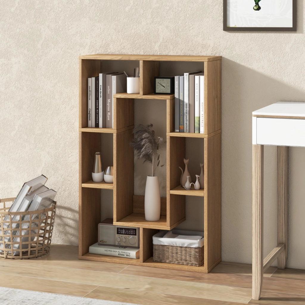 Libreria geometrica a 7 cubi, Moderna scaffale aperto da pavimento con dispositivo anti-ribaltamento per studio Naturale