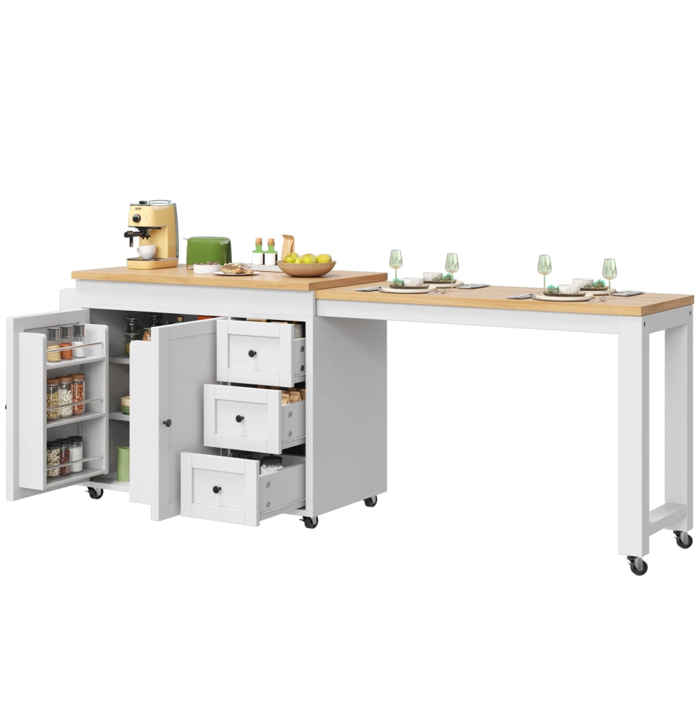 Isola da cucina mobile allungabile 116-179,5 cm con 3 cassetti, ripiani laterali snack e ruote, bianco/nero
