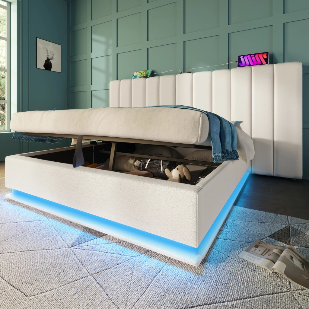 Letto matrimoniale contenitore 160 × 200 cm con LED e ricarica USB tipo C in PU bianco con rete a doghe