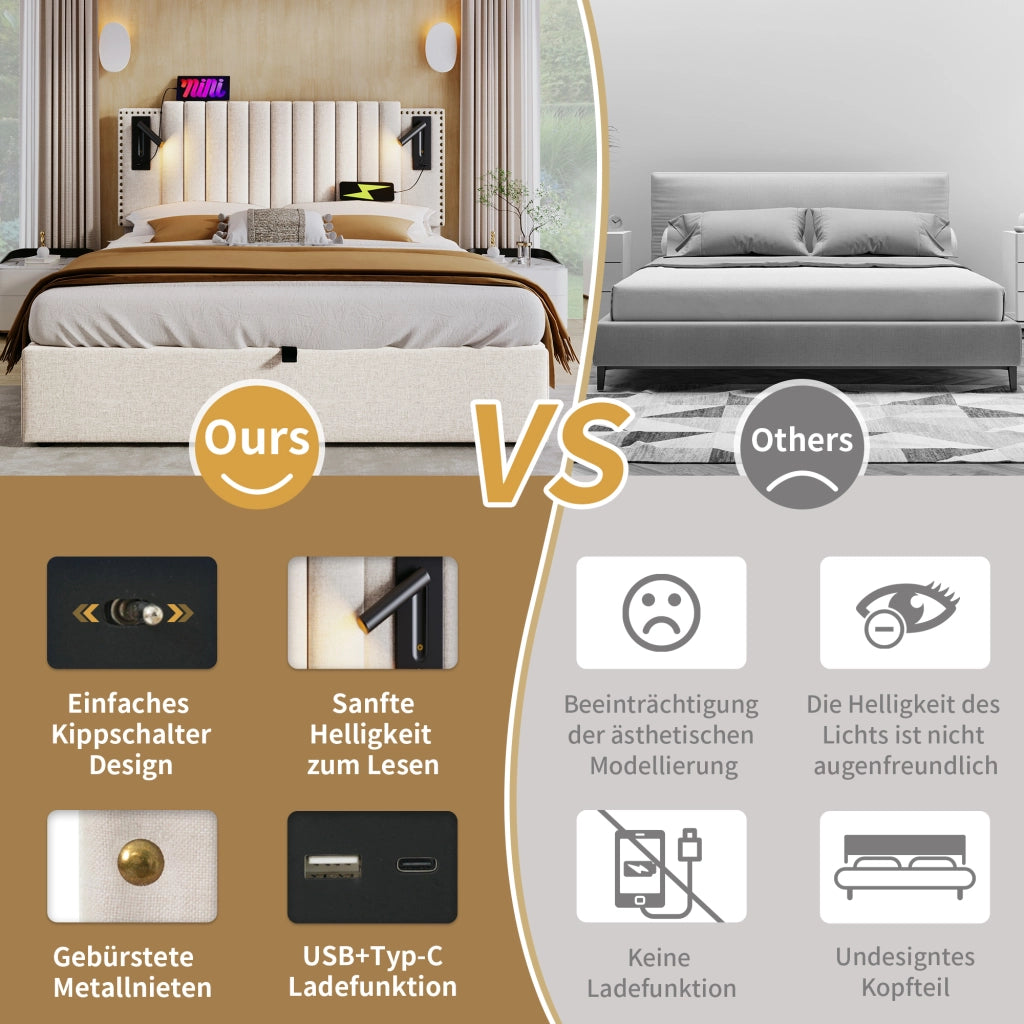 letto imbottito cotone beige 180x200 cm