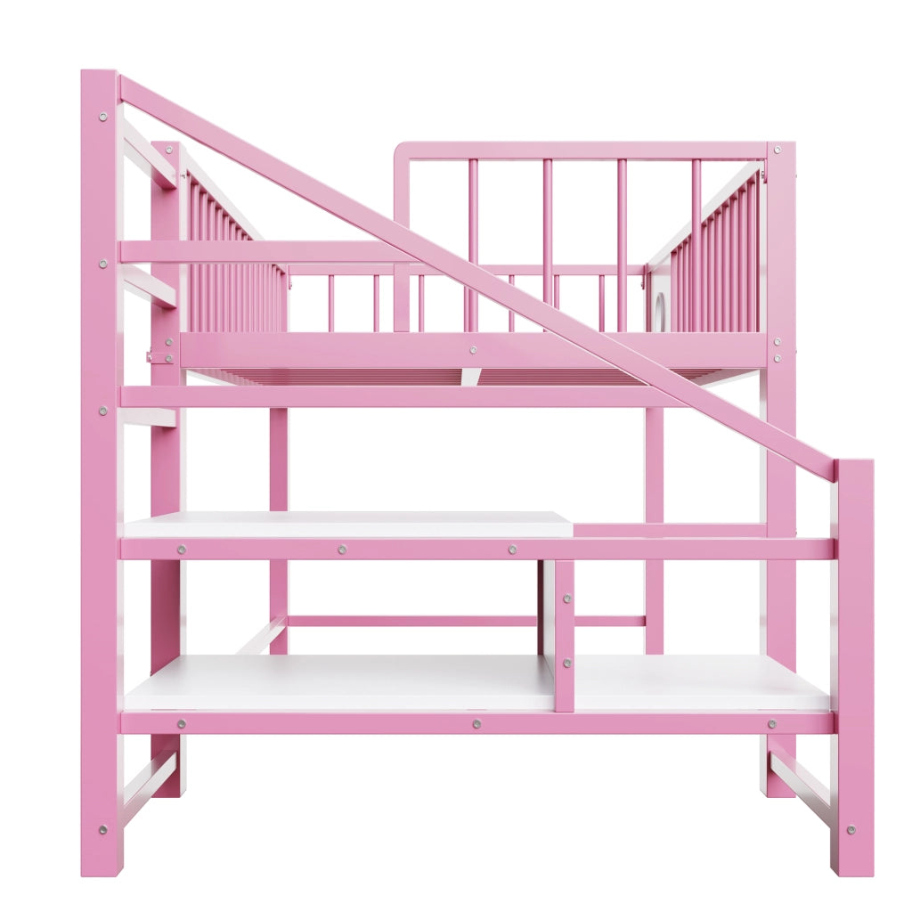Letto a soppalco 90 × 200 cm con scala contenitore e vano sottoletto in MDF e metallo rosa per bambini e ragazzi