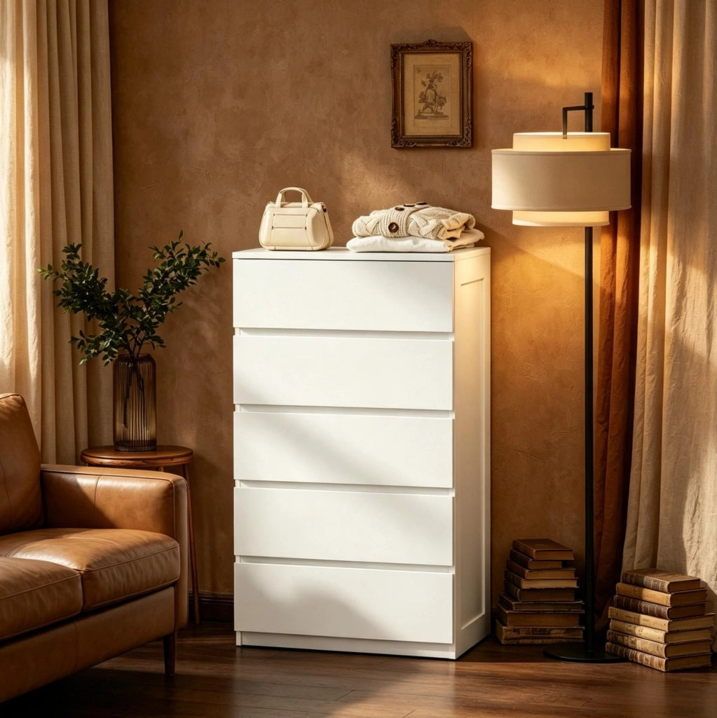 Cassettiera Bianca Compatta a 5 Cassetti 60 x 39 x 100 cm
