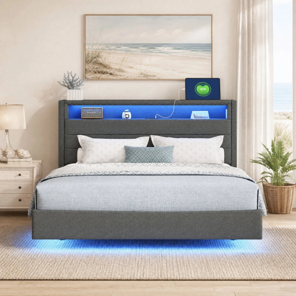 Letto imbottito 140x200 cm con LED, USB e testiera contenitore