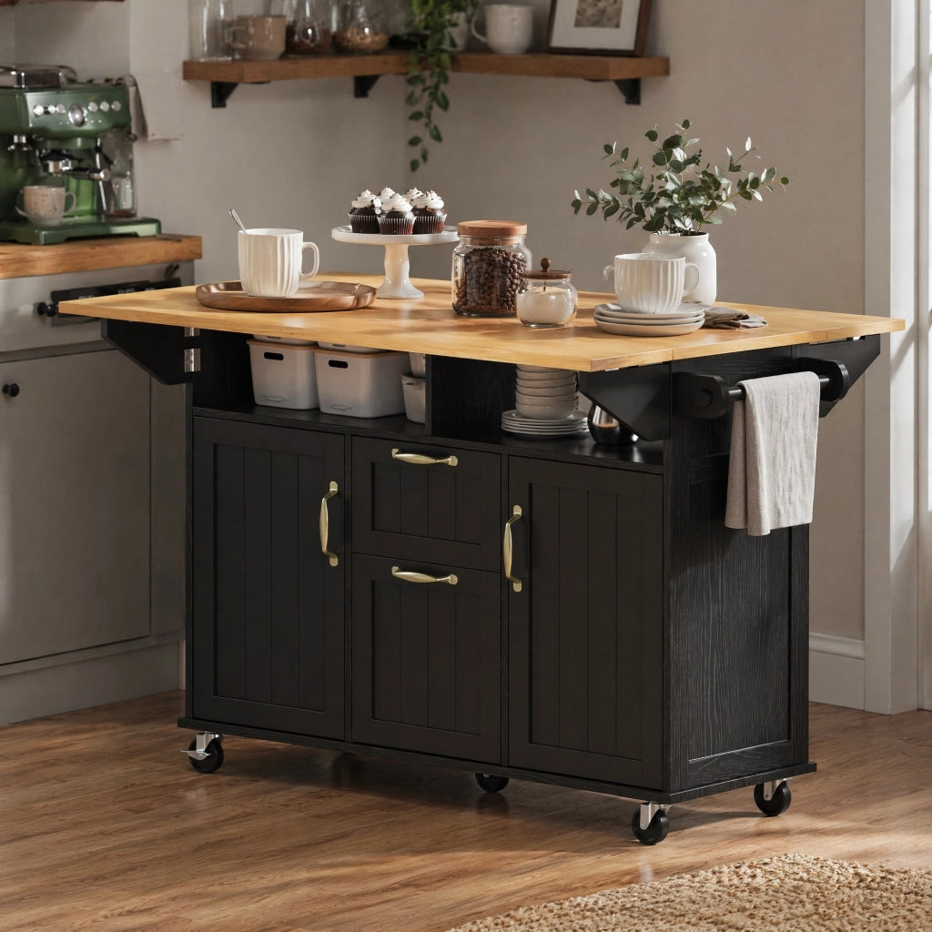 Isola cucina mobile 120x80x92 cm in MDF nero, piano estensibile e contenitori