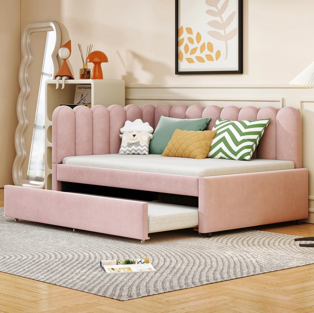 Divano letto angolare imbottito 140x200 cm con schienale floreale e letto estraibile in tessuto di velluto rosa