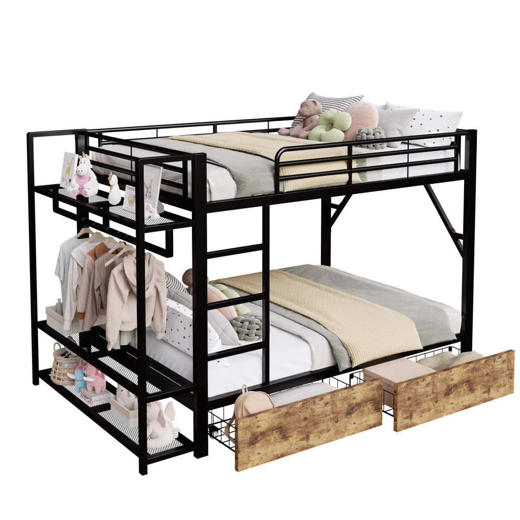 Letto a castello 140 x 200 cm con 2 cassetti e luce LED, struttura in metallo e MDF, nero
