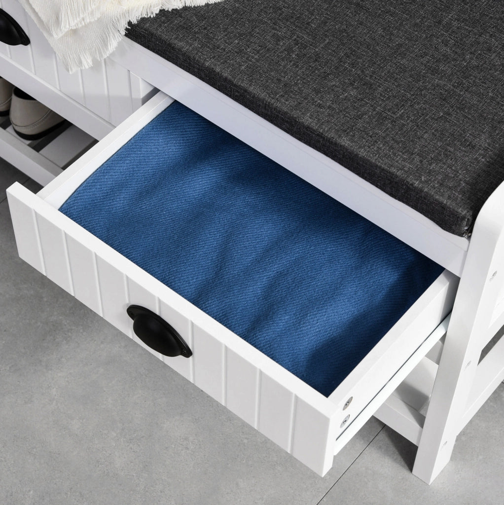 Appendiabiti ULEVR 89x42x172 cm con panca imbottita, cassetti e ripiani per scarpe, in MDF bianco