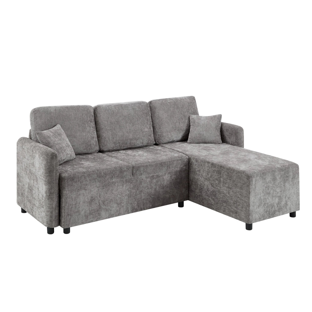 Divano angolare ULEVR 3 posti 187,5x144x85,5 cm con chaise longue, chenille grigio e 2 cuscini
