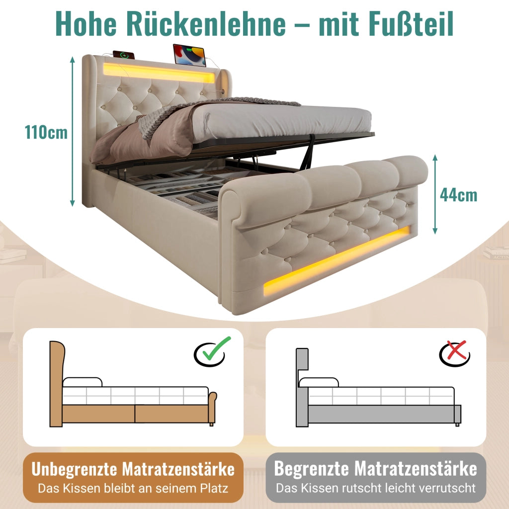 Letto Contenitore Singolo Imbottito 90x200 cm con Sollevamento Idraulico; LED; USB; USB-C; Beige