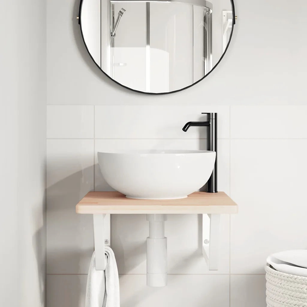 Ripiano a Parete per Lavabo-Mensole a Muro in Acciaio e Massello di Rovere 689553