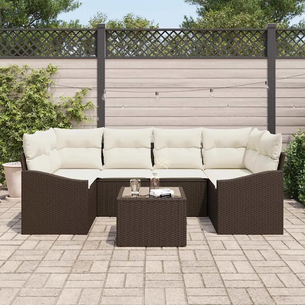 Set di divani con cuscino 7 pcs Marrone e Crema polyrattan