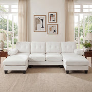 Divano panoramico con doppia chaise longue in ciniglia beige tasche laterali e braccioli rimovibili 84 × 268 × 128 cm