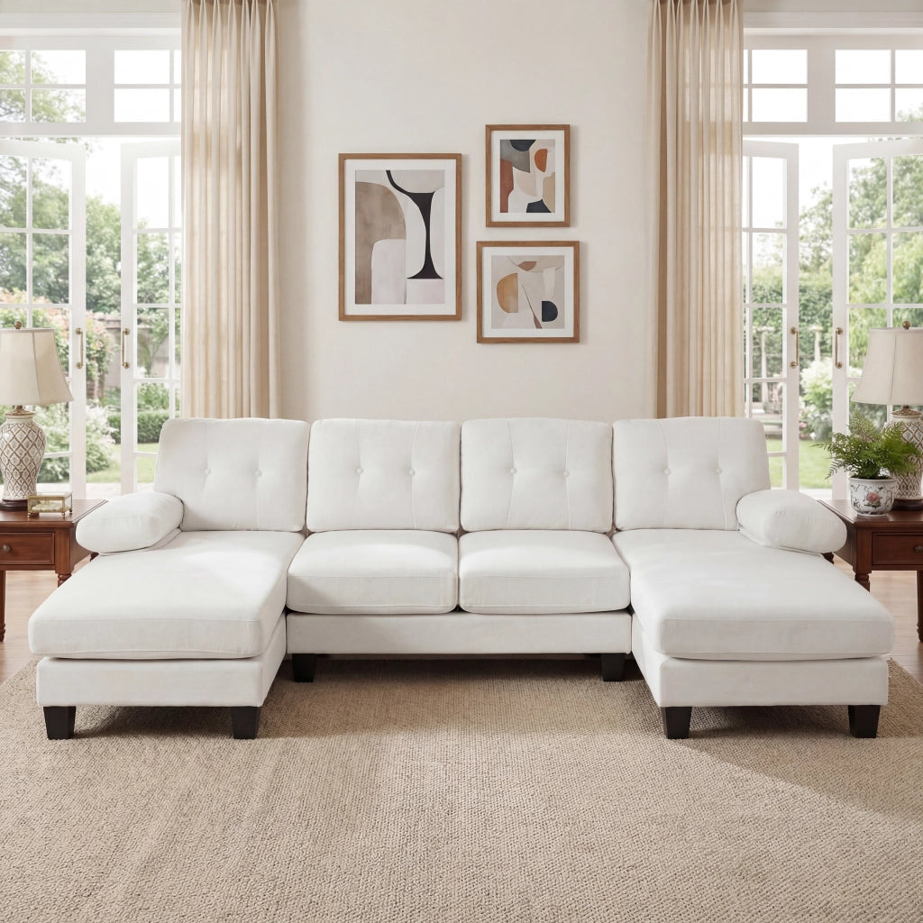Divano panoramico con doppia chaise longue in ciniglia beige tasche laterali e braccioli rimovibili 84 × 268 × 128 cm