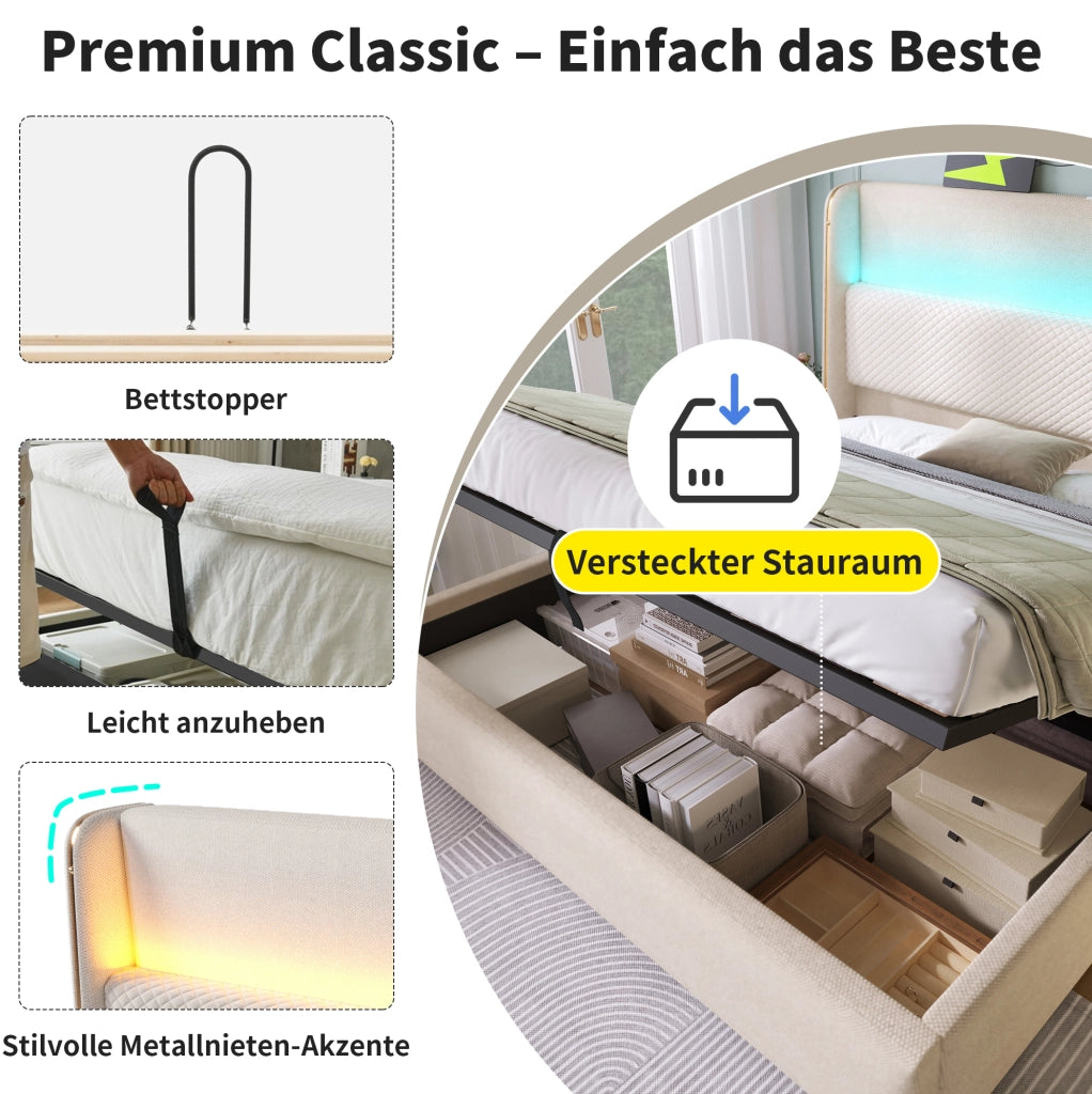 Letto matrimoniale beige 140 x 200 cm con contenitore, LED, ricarica e materasso H3